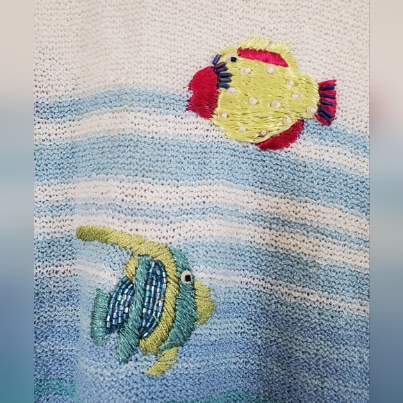 Susan Bristol Fish Beaded Hand Embroidered Shells Colorful V-NeckSweater, Large - Picture 9 of 11